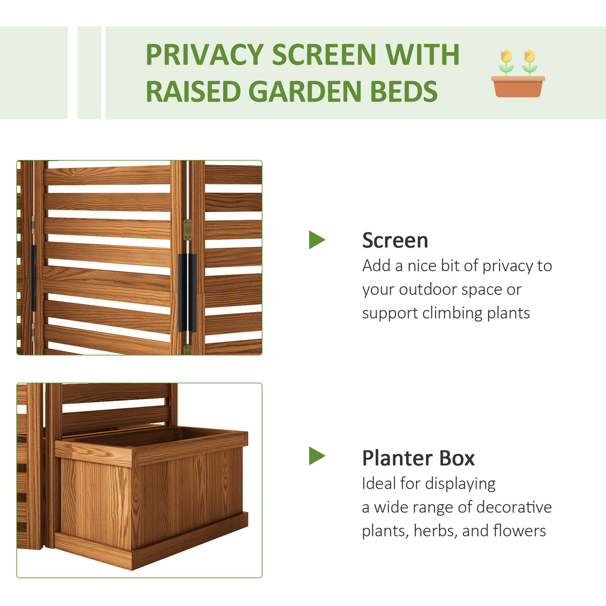 Outdoor Privacy Screen Wood Privacy Panel with 4 Planter Boxes, Raised Bed with 3 Panels, Drainage Holes – view 3