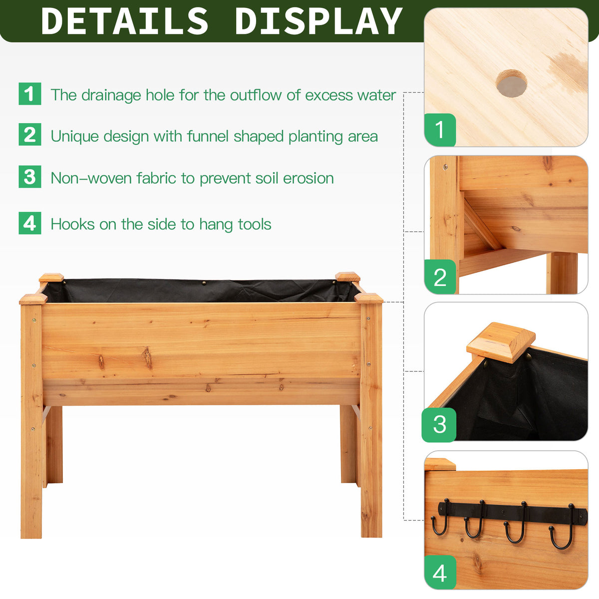 Wooden Raised Garden Plant Stand Outdoor Tall Flower Bed Box with Hooks, 48" x 24" x 32", Nature Wood