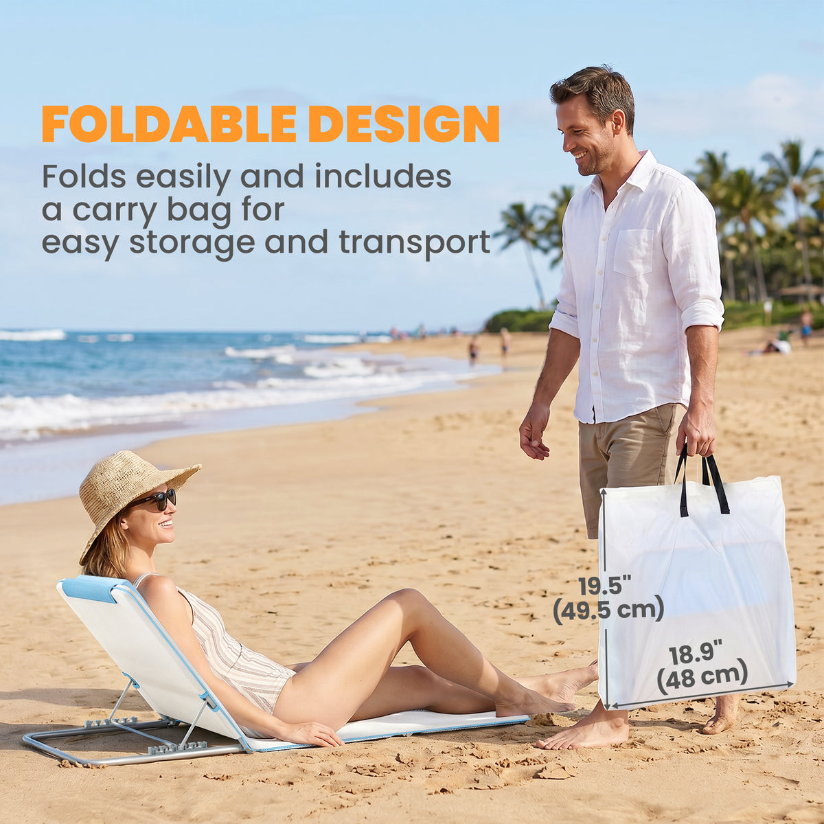 2 Pieces Beach Lounge Chair, Outdoor Folding Chaise Lounge Set w/ Pillow for Sunbath, Snap, Beige – view 6
