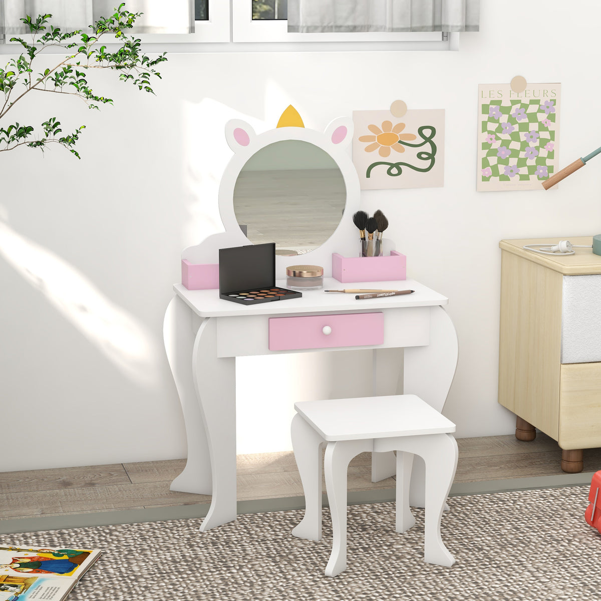 Qaba Kids Makeup Vanity Set with Stool, Mirror, Drawer, Storage Boxes, Unicorn Design, White