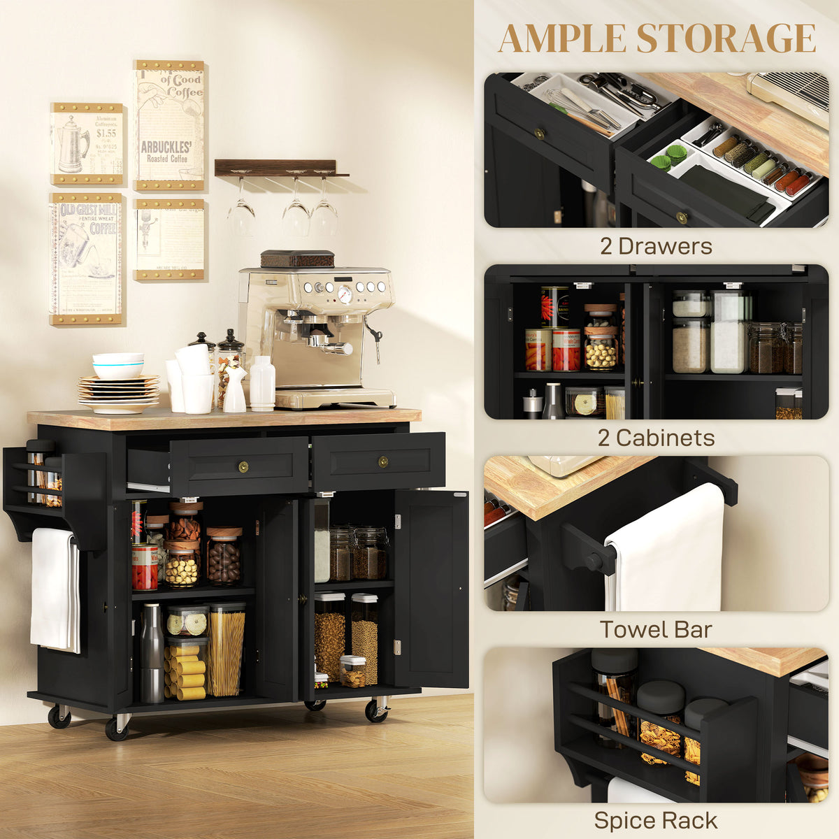 Kitchen Island with Storage, Rolling Trolley Cart with Rubber Wood Top, Spice Rack, Towel Rack, Brown Oak – view 12