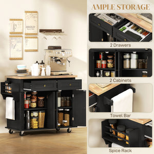 Kitchen Island with Storage, Rolling Trolley Cart with Rubber Wood Top, Spice Rack, Towel Rack, Brown Oak – view 12