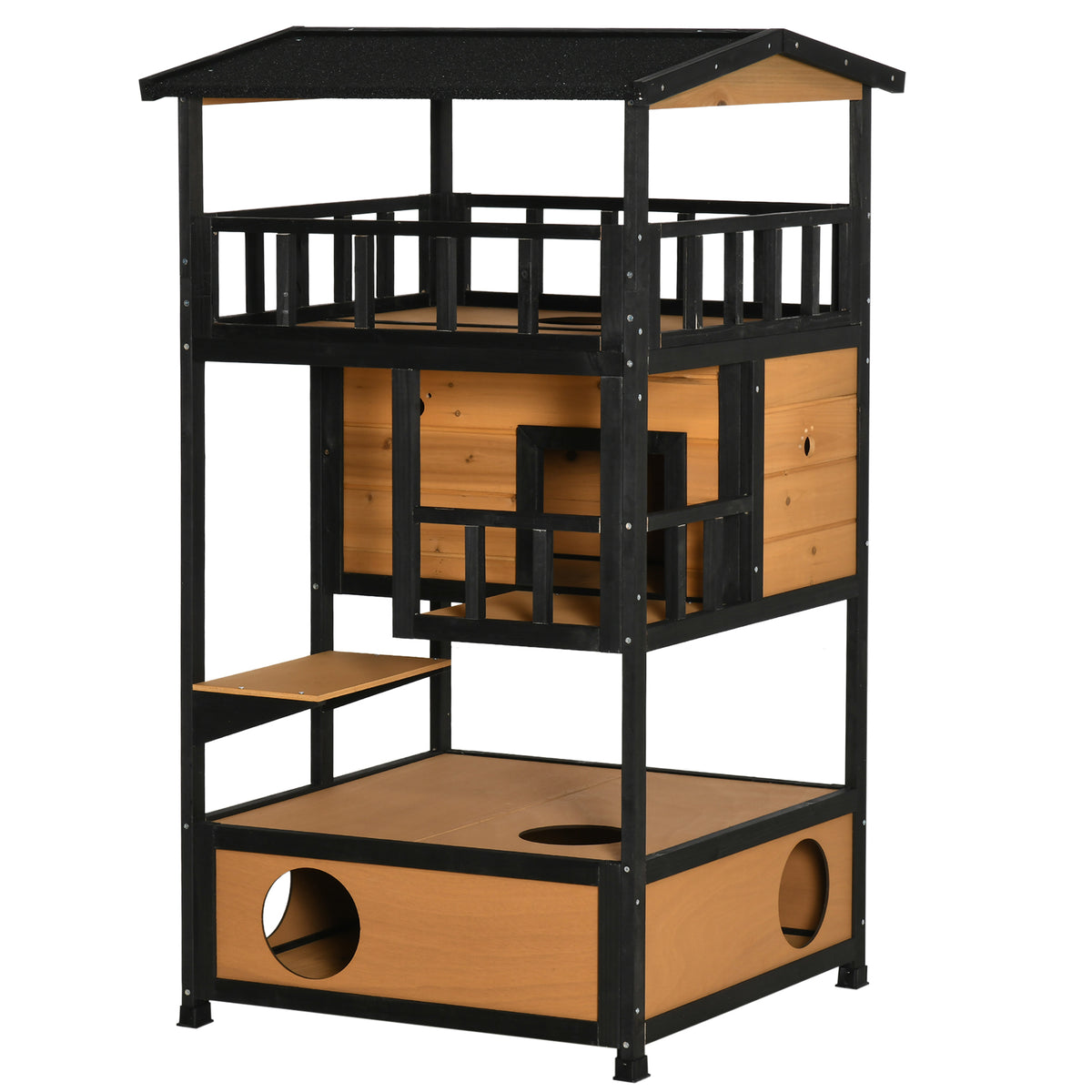 4-Floor Wood Outdoor Cat House Catio for Cats with Condo, Fun Entrances, Perch, Grey – view 8