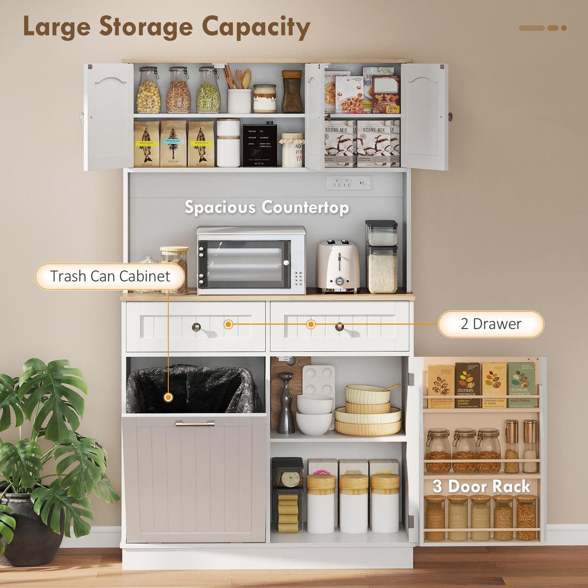 68" Pantry Cabinet with Charging Station, Storage Cabinet with Microwave Stand, 10 Gallon Trash Can Cabinet, White