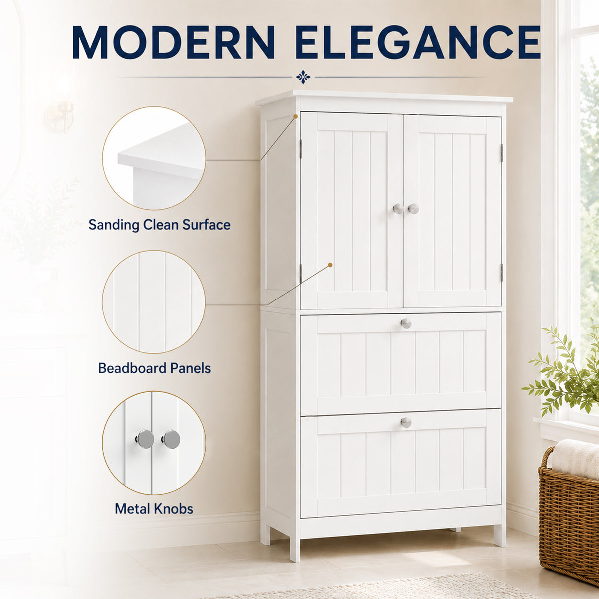 Bathroom Storage Cabinet, Narrow Bathroom Cabinet with  2 Drawers, Adjustable Shelf for Living Room, Entryway, White