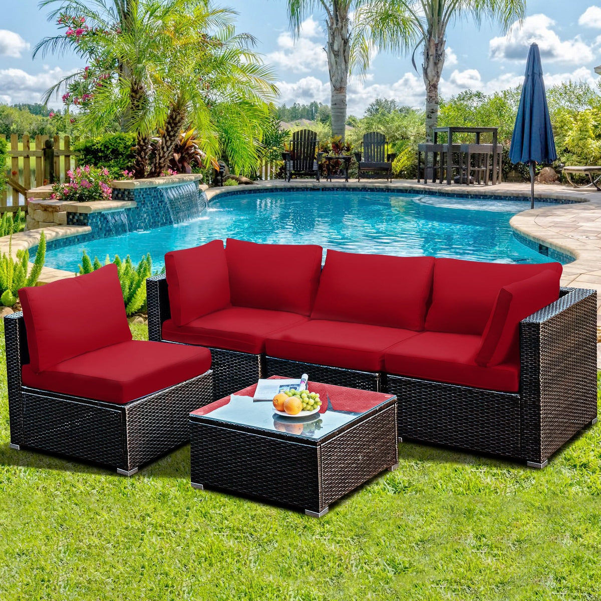 5 Pieces Cushioned Patio Rattan Furniture Set with Glass Table-Red view 2