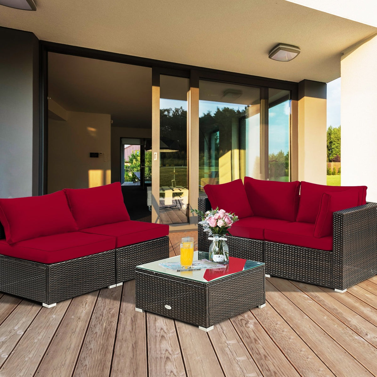 5 Pieces Cushioned Patio Rattan Furniture Set with Glass Table-Red view 3
