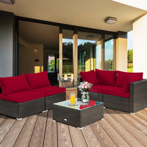 5 Pieces Cushioned Patio Rattan Furniture Set with Glass Table-Red view 3