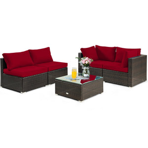 5 Pieces Cushioned Patio Rattan Furniture Set with Glass Table-Red view 4