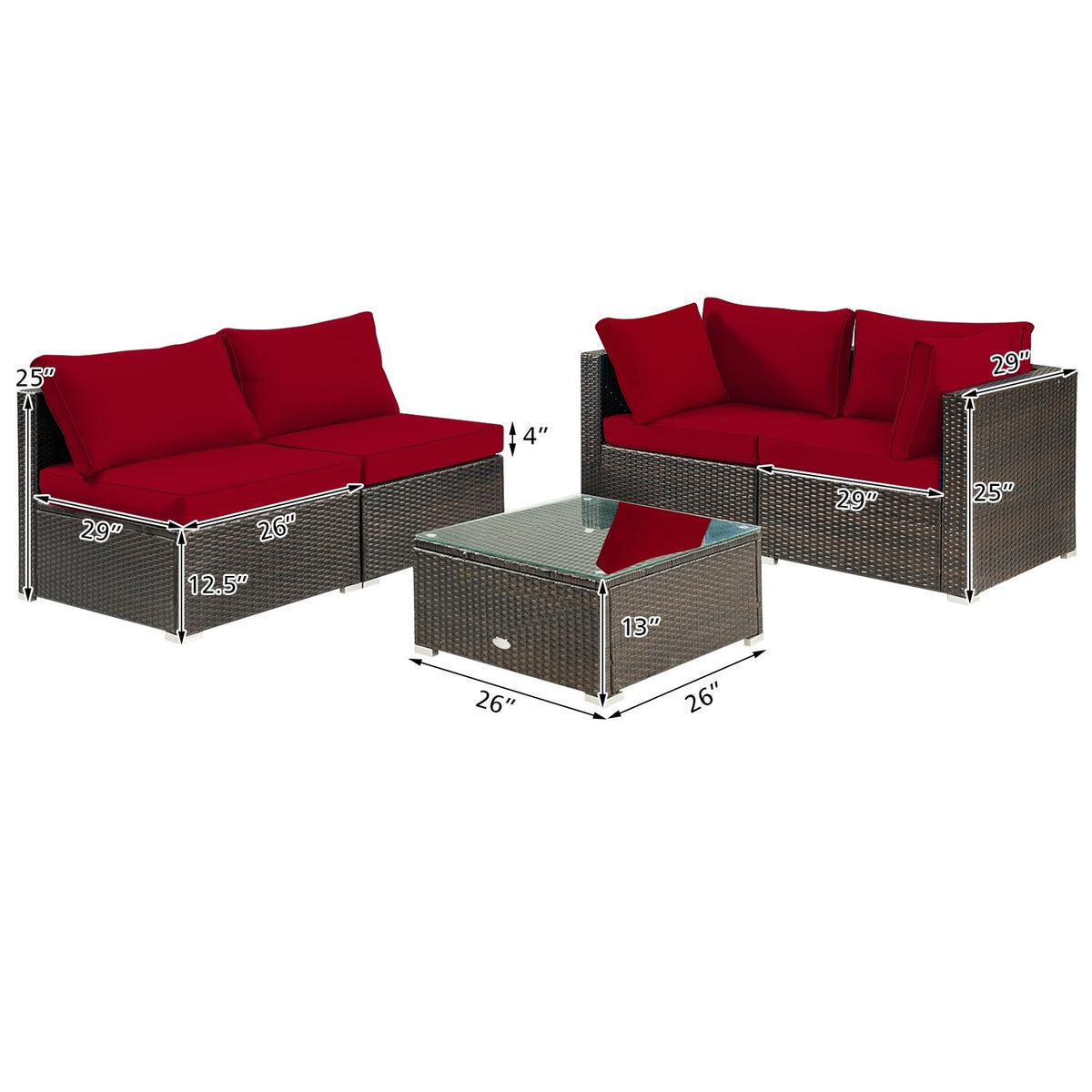 5 Pieces Cushioned Patio Rattan Furniture Set with Glass Table-Red view 5