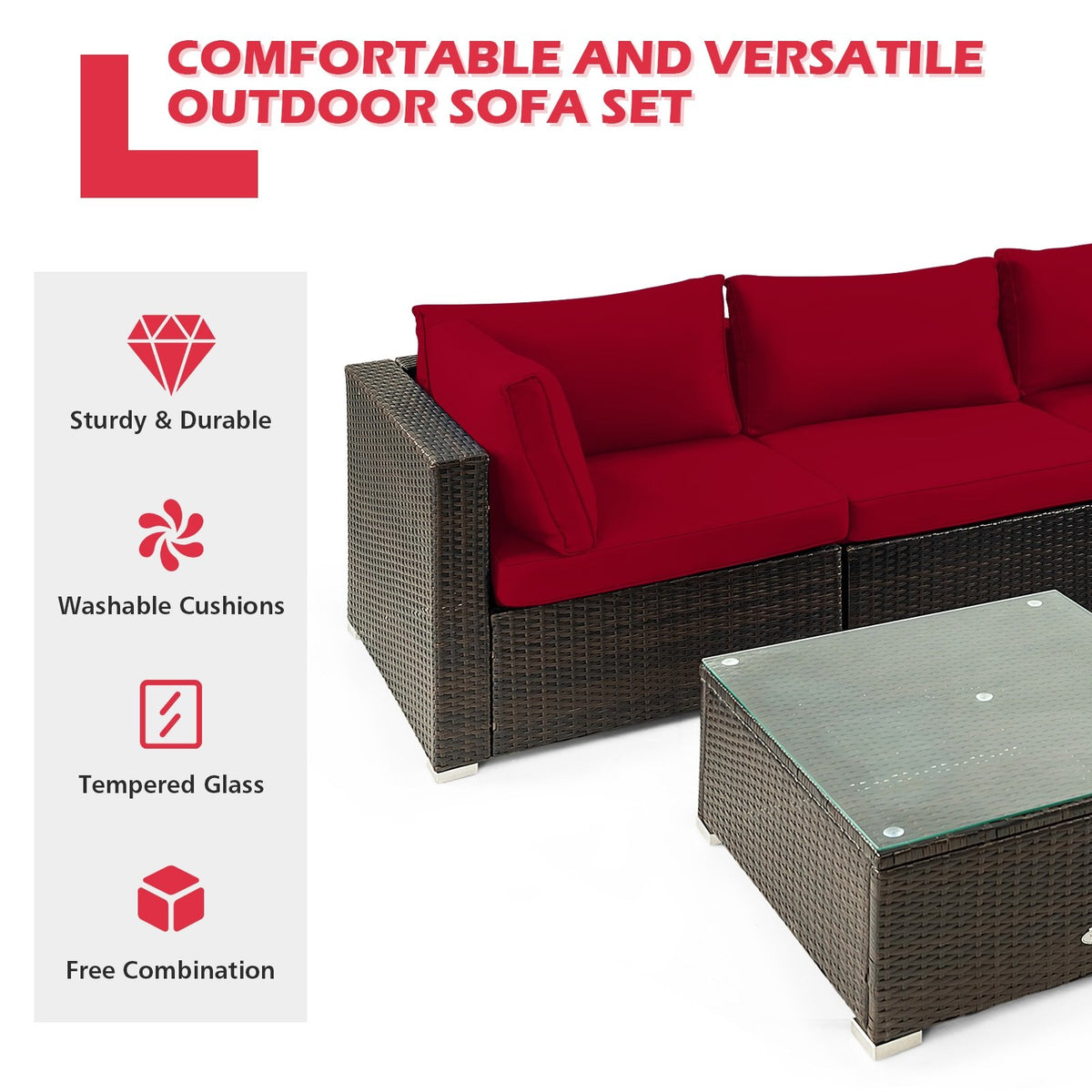 5 Pieces Cushioned Patio Rattan Furniture Set with Glass Table-Red view 6