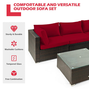 5 Pieces Cushioned Patio Rattan Furniture Set with Glass Table-Red view 6