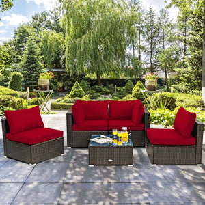 5 Pieces Cushioned Patio Rattan Furniture Set with Glass Table-Red view 7