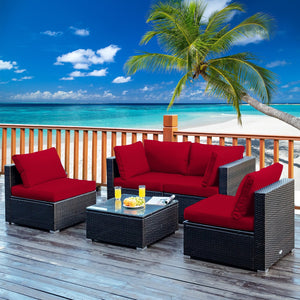 5 Pieces Cushioned Patio Rattan Furniture Set with Glass Table-Red view 8