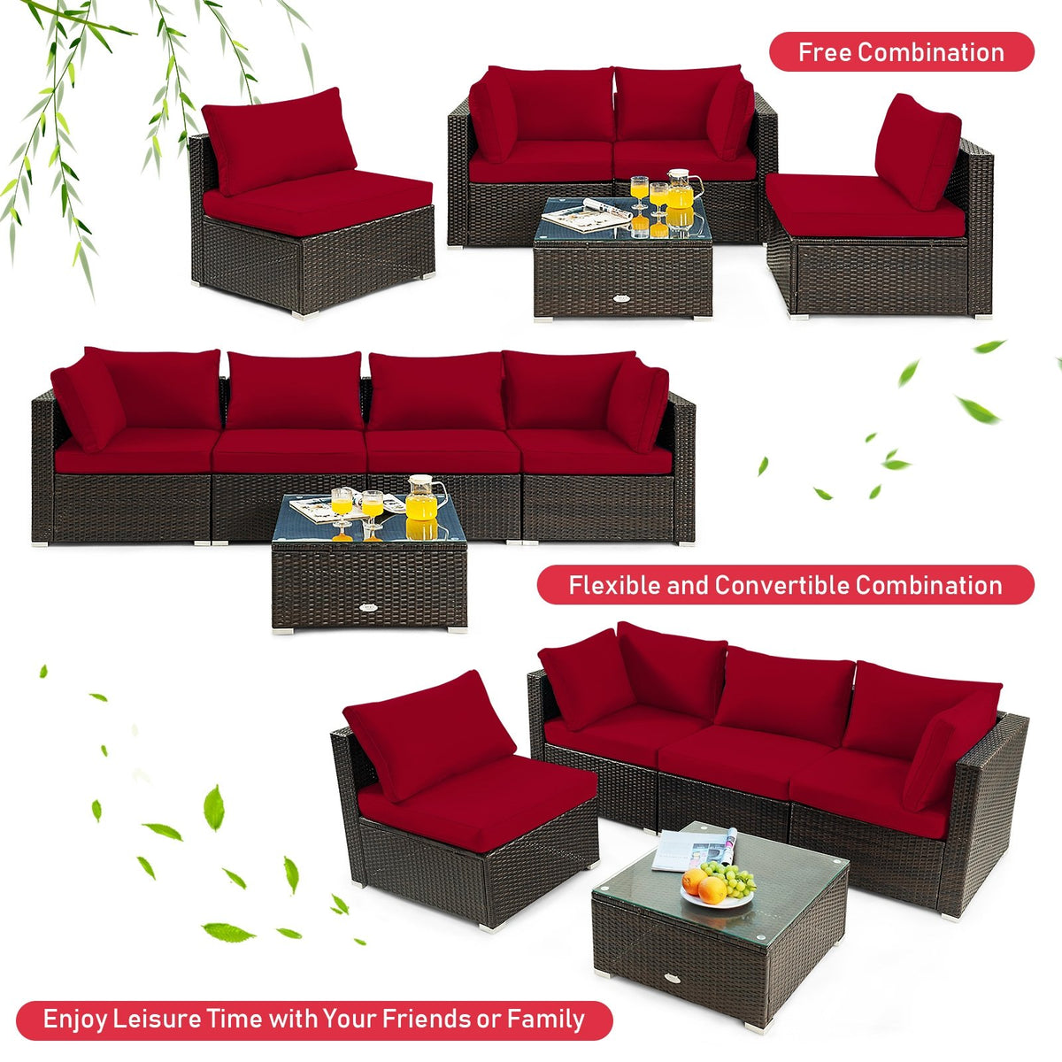 5 Pieces Cushioned Patio Rattan Furniture Set with Glass Table-Red view 9