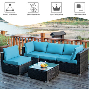 5 Pieces Cushioned Patio Rattan Furniture Set with Glass Table-Turquoise view 3