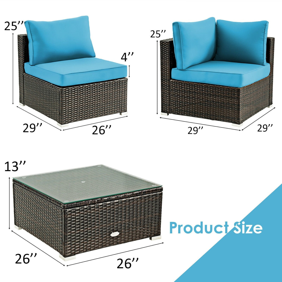 5 Pieces Cushioned Patio Rattan Furniture Set with Glass Table-Turquoise view 4