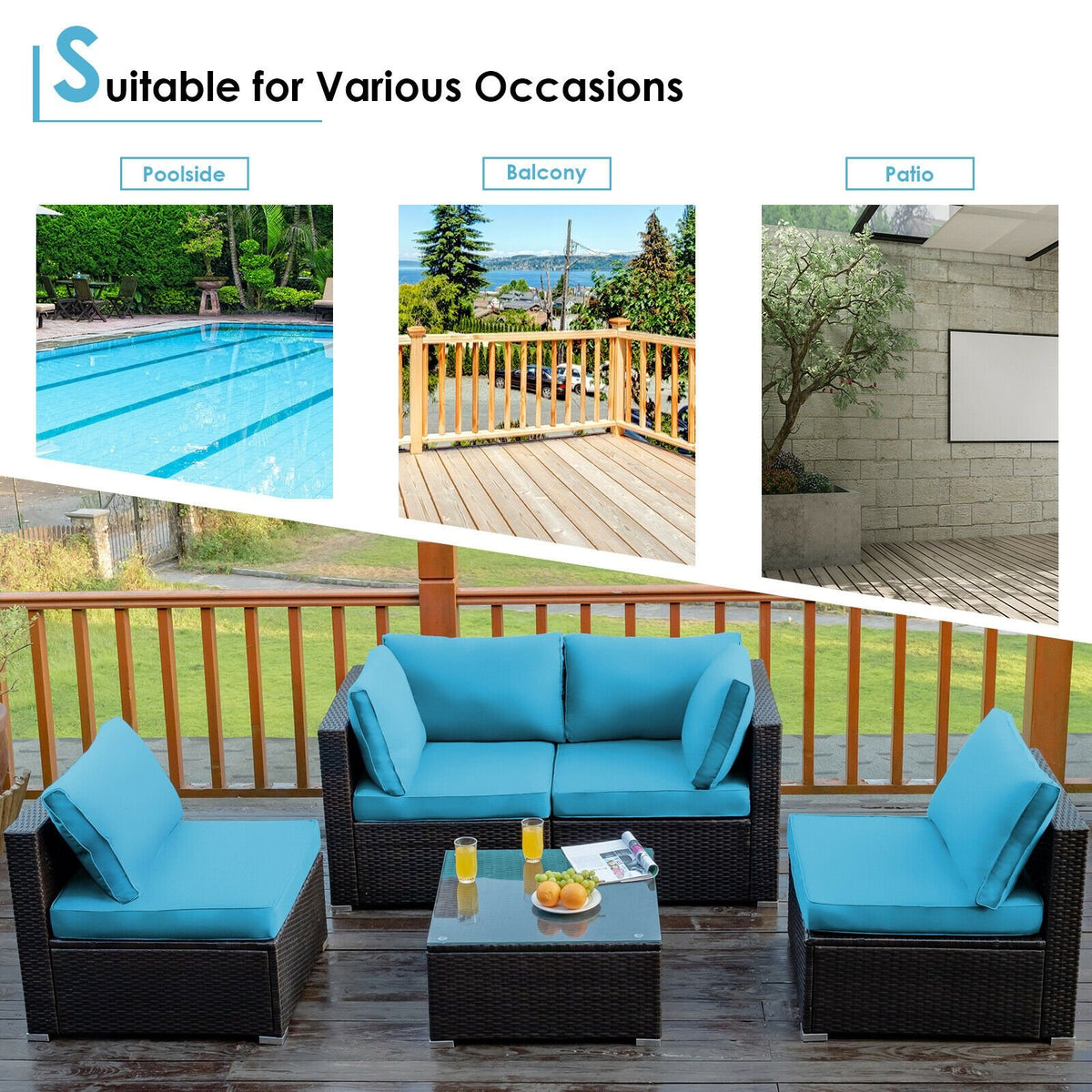 5 Pieces Cushioned Patio Rattan Furniture Set with Glass Table-Turquoise view 5