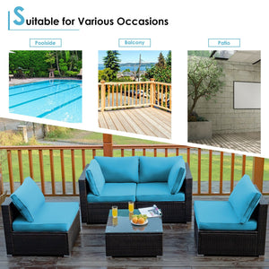 5 Pieces Cushioned Patio Rattan Furniture Set with Glass Table-Turquoise view 5