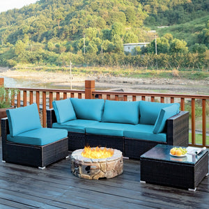 5 Pieces Cushioned Patio Rattan Furniture Set with Glass Table-Turquoise view 6