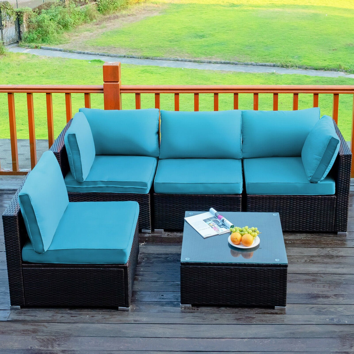 5 Pieces Cushioned Patio Rattan Furniture Set with Glass Table-Turquoise view 7