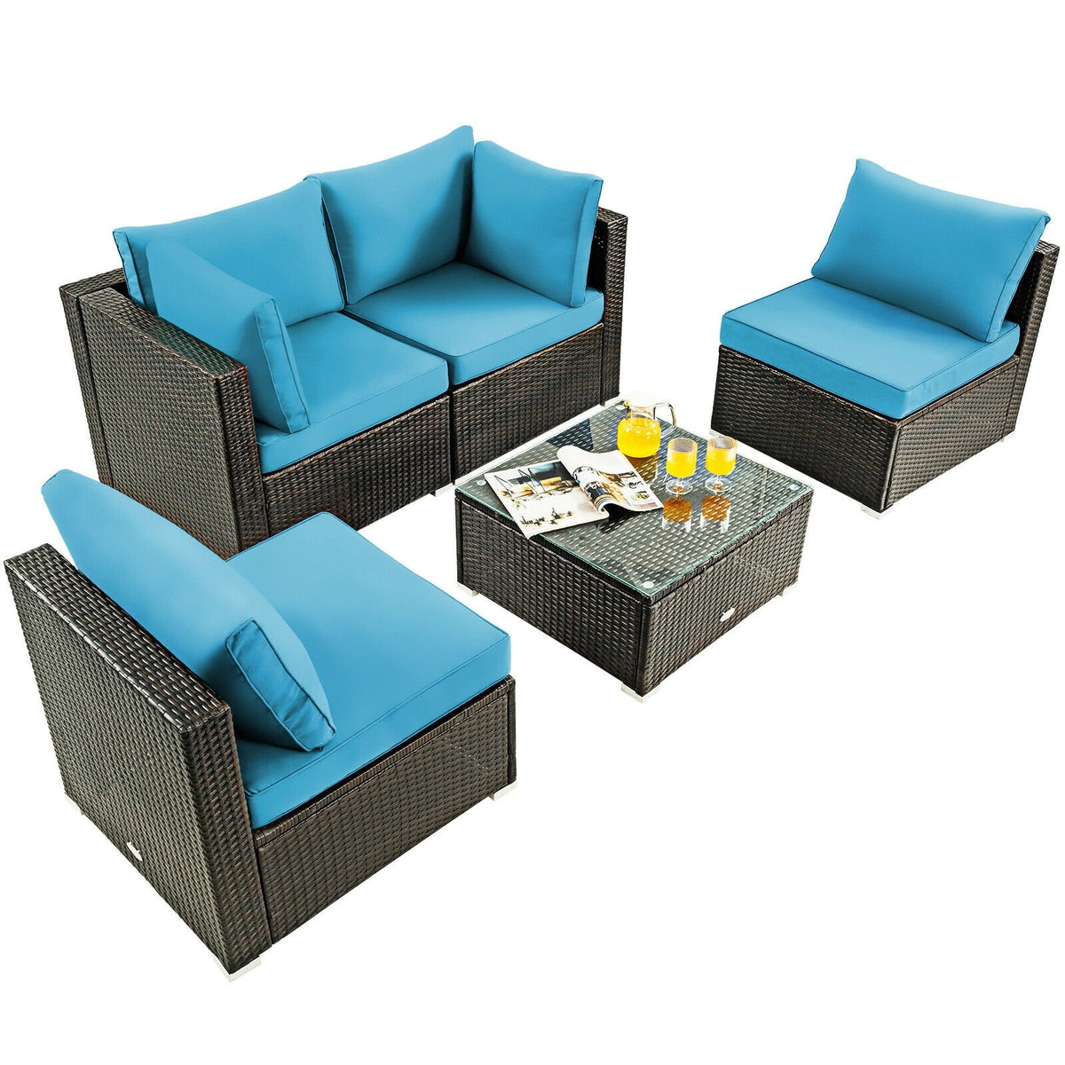 5 Pieces Cushioned Patio Rattan Furniture Set with Glass Table-Turquoise view 8