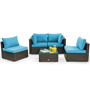 5 Pieces Cushioned Patio Rattan Furniture Set with Glass Table-Turquoise view 9