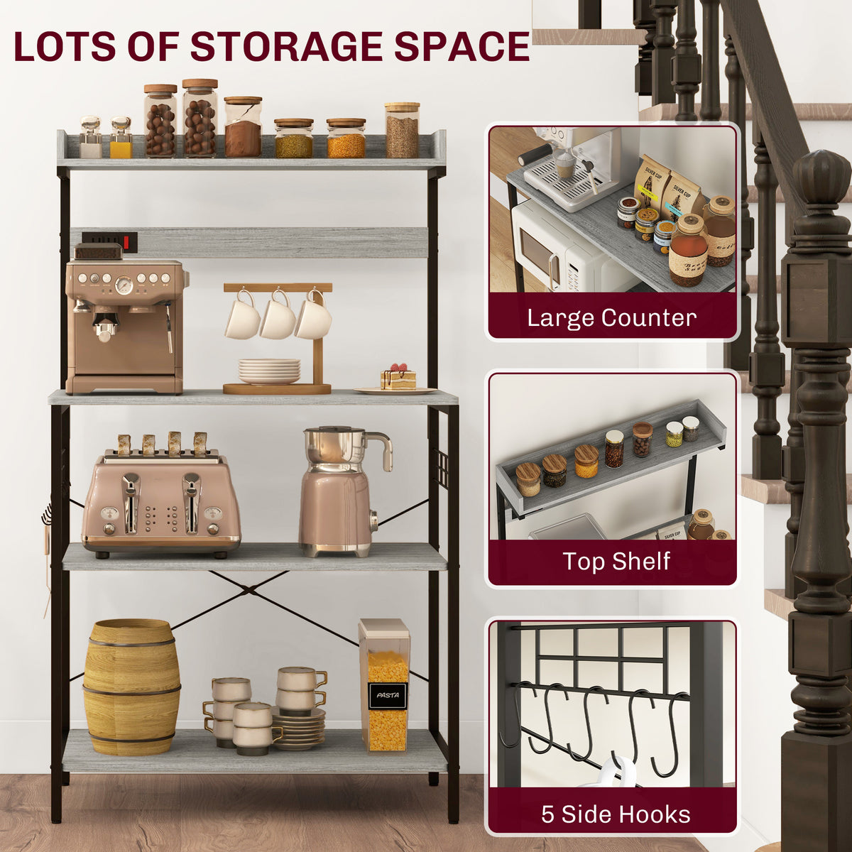 Kitchen Baker's Rack with Power Outlet, Coffee Bar Station with Adjustable Shelves and Hooks – view 19