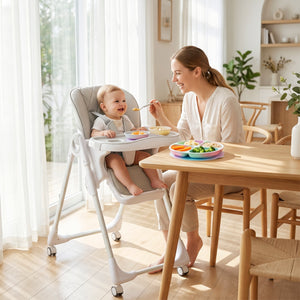 Qaba High Chair with Wheels, Double Tray, Foldable Baby Seat with Adjustable Seat Height, Backrest, Footrest and Tray, Grey