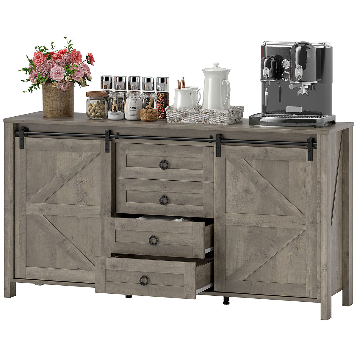 60" Buffet Cabinet, Farmhouse Sideboard with Sliding Barn Doors, Drawers and Adjustable Shelves, Cream White – view 8