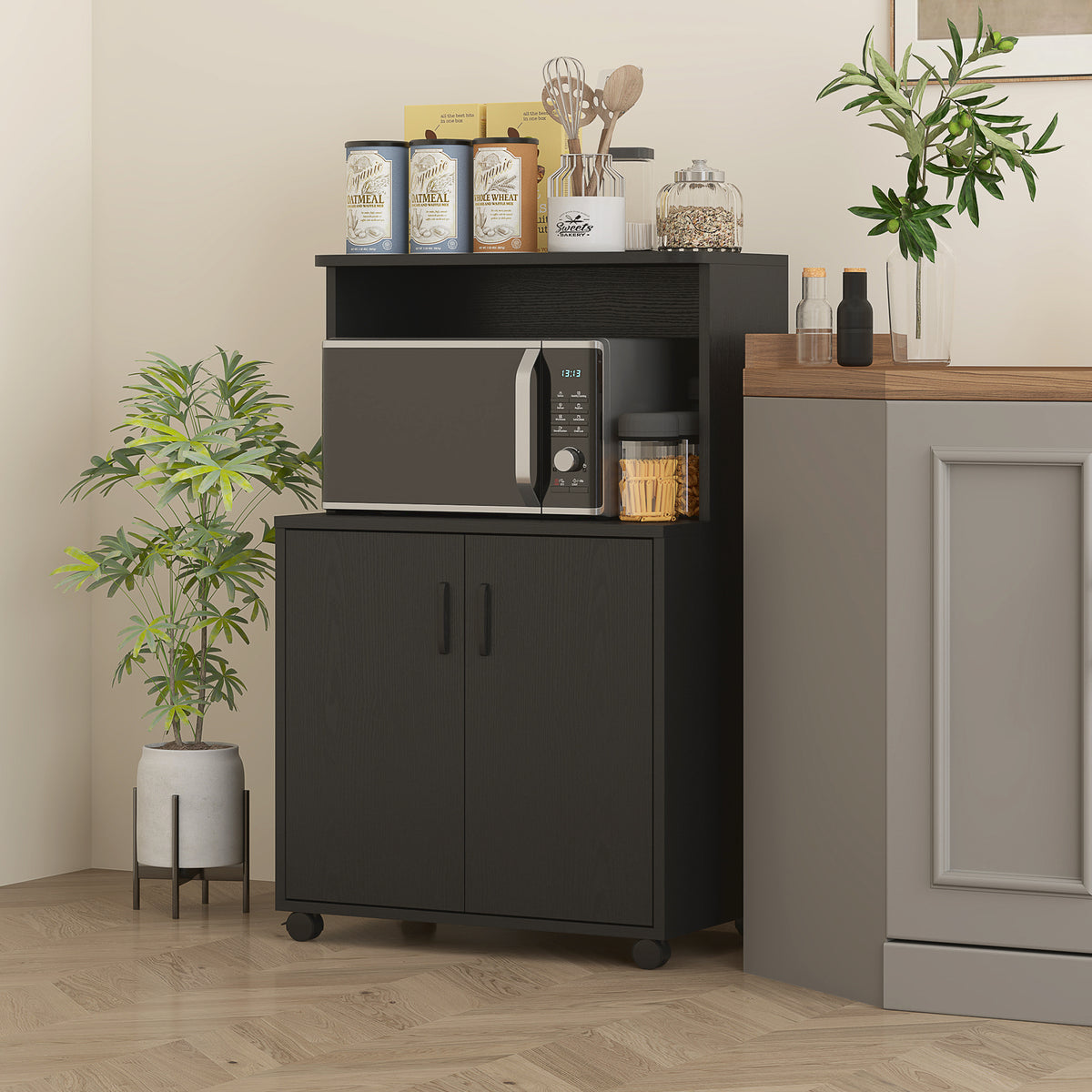 Microwave Cart on Wheels Utility Trolley Storage Sideboard Bookcase with 2-door Cabinet, Grey Wood Grain