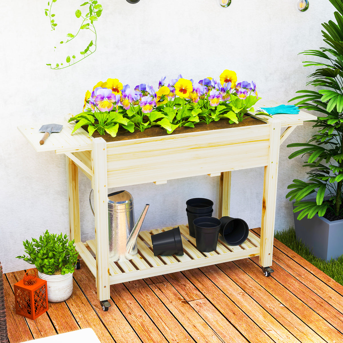 Raised Garden Bed, Wood Planter Box with Lockable Wheels, Side Tables, Bottom Shelf, Bed Liner, Drain Holes, Natural