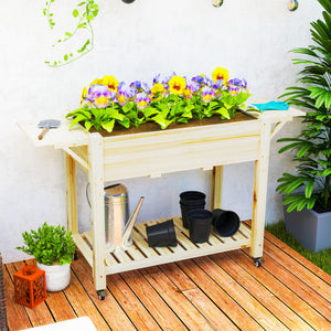 Raised Garden Bed, Wood Planter Box with Lockable Wheels, Side Tables, Bottom Shelf, Bed Liner, Drain Holes, Natural