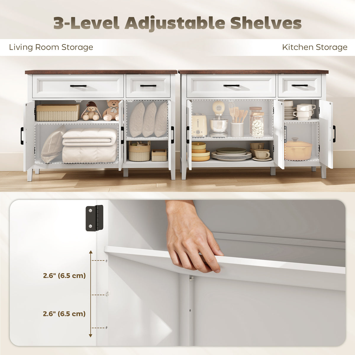 Sideboard Buffet Cabinet, 44" Farmhouse Kitchen Cabinet with 3 Chevron Doors, 2 Drawers and 2 Adjustable Shelves, White