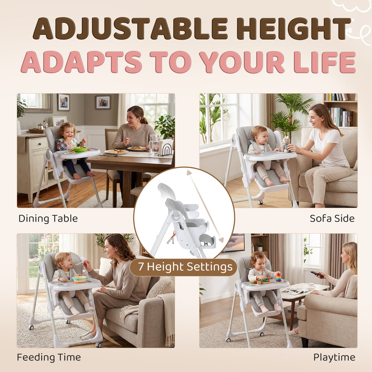 Qaba High Chair with Wheels, Double Tray, Foldable Baby Seat with Adjustable Seat Height, Backrest, Footrest and Tray, Grey