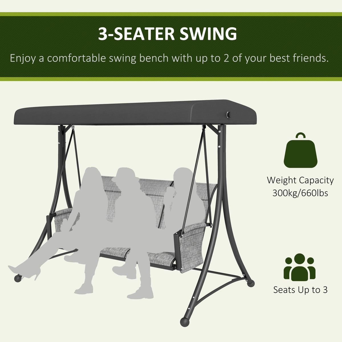 3 Person Porch Swing Outdoor Swing Chair with High Back Design, Side Pouches and Adjustable Canopy, Brown – view 13