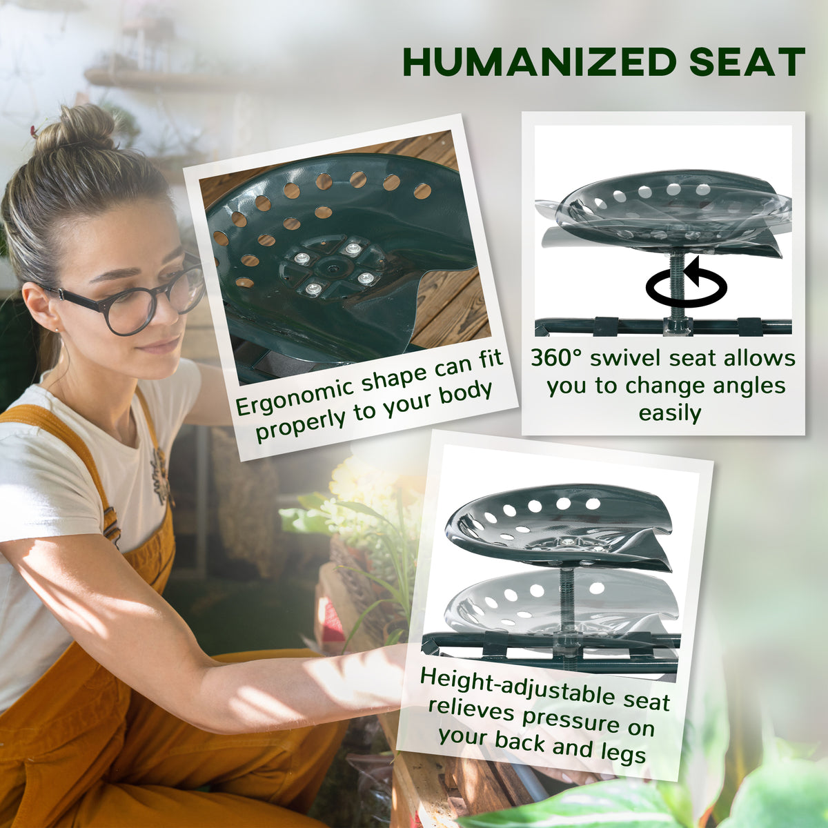 Garden Cart Garden Seat on Wheels with Tool Tray, 360° Swivel and Height Adjustable Seat, for Patio and Yard