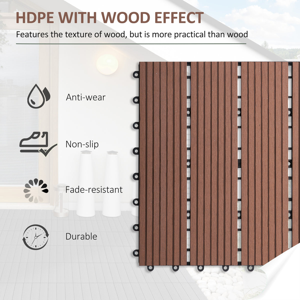 11 Pcs Plastic Interlocking Deck Tiles, 12" x 12" Non-slip Flooring Tiles for Indoor Outdoor Patio Balcony, Light Brown