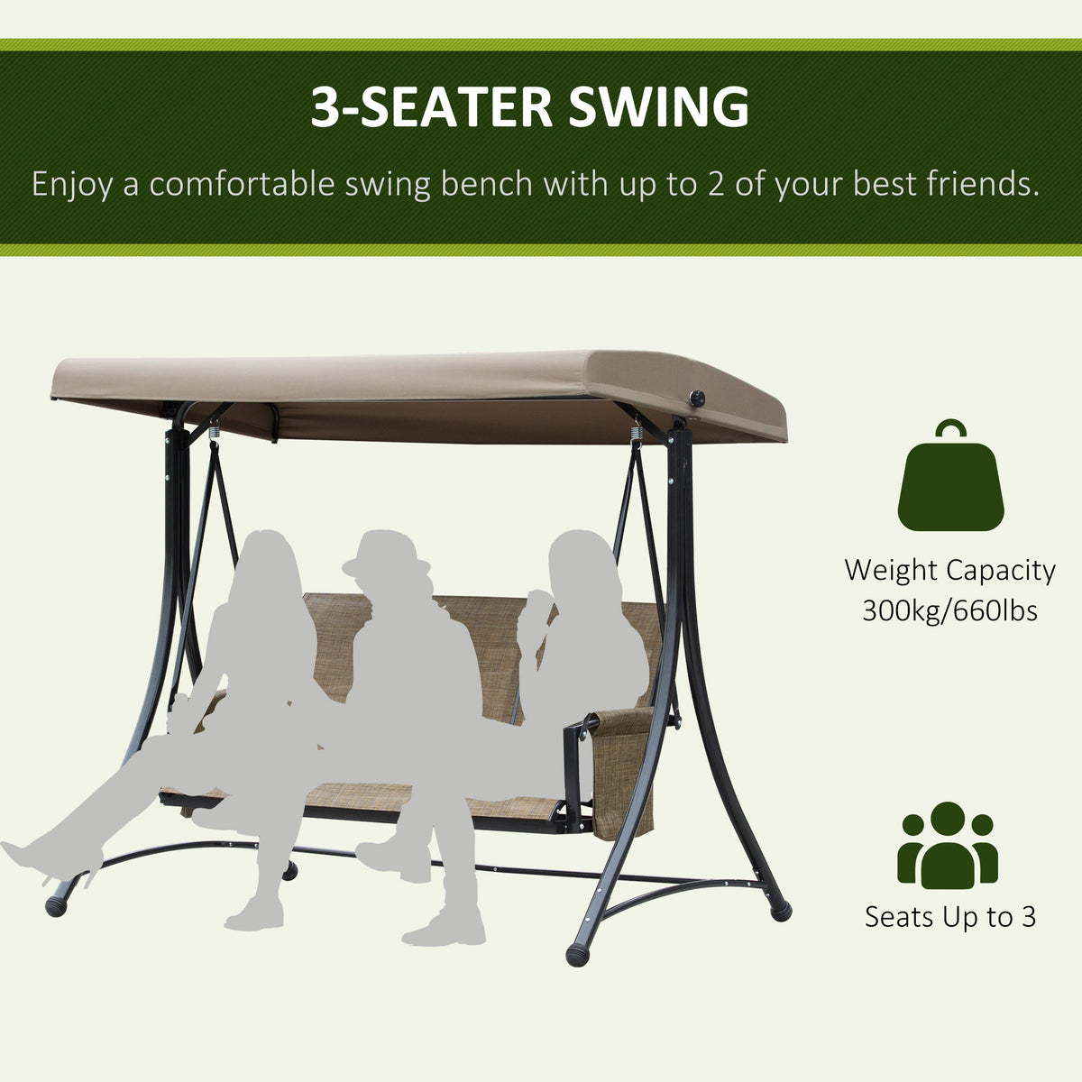 3 Person Porch Swing Outdoor Swing Chair with High Back Design, Side Pouches and Adjustable Canopy, Brown – view 6