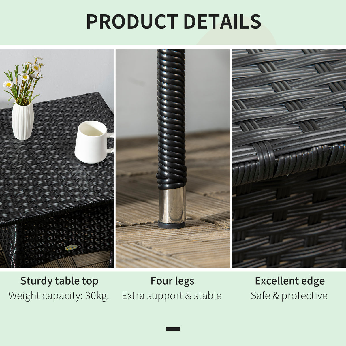 20" Patio Wicker Coffee Table, Outdoor Coffee Table with Plastic Board Underneath the Woven Tabletop for Patio, Garden, Balcony, Black