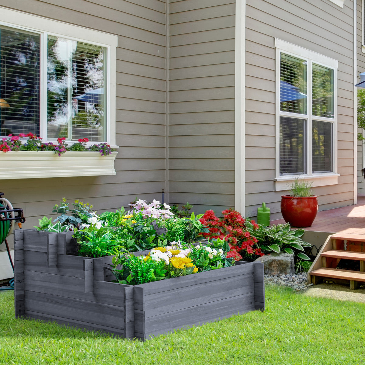 3-Tier Wood Raised Garden Bed, 47.2" x 39.4" x 21.3" Elevated Planting Box, Outdoor Vegetable Flower Container, Herb Garden Indoor Kit, Natural
