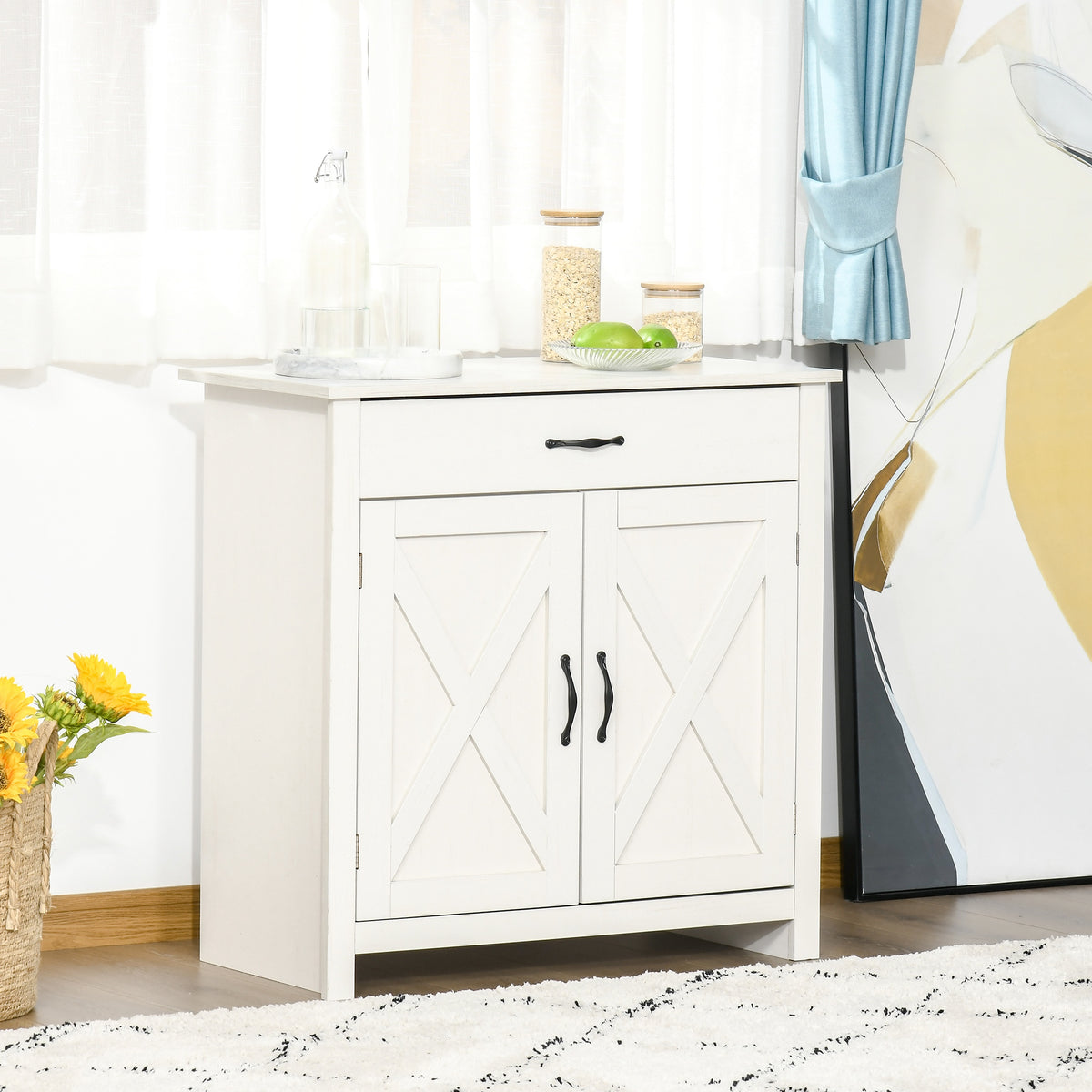 Farmhouse Sideboard Buffet Cabinet, Storage Cabinet with Barn Doors, Distressed White