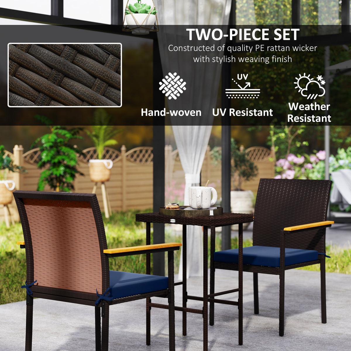 Stackable Wicker Patio Chairs Set of 2 with Removable Cushion, Armrest for Garden, Porch, Yard, Navy Blue