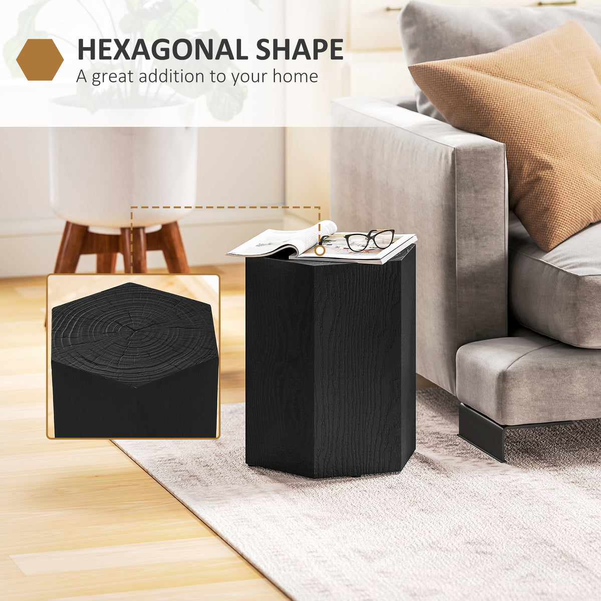 Hexagonal Side Table, Small End Table with 4 Adjustable Feet for Indoor, Outdoor, Black