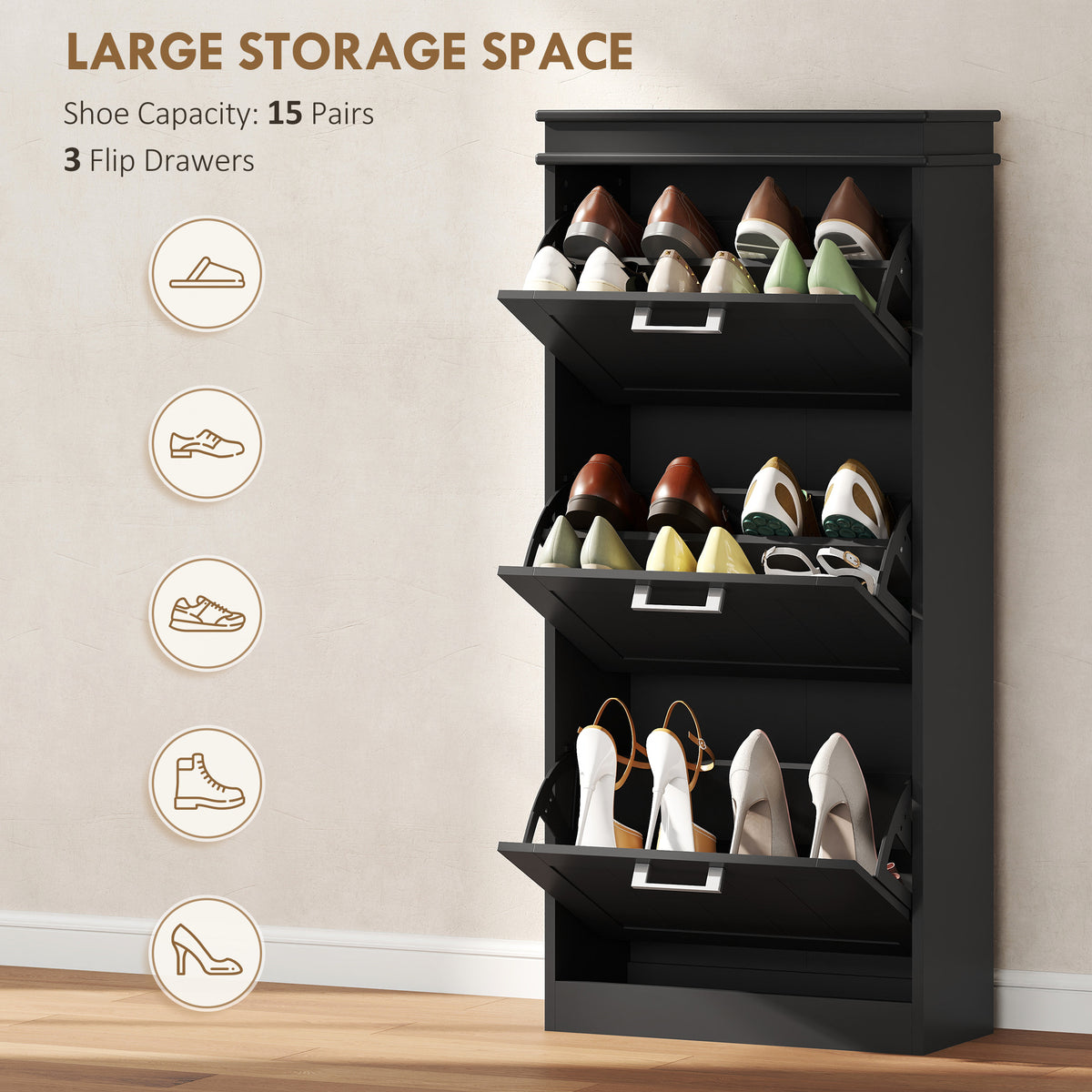 Slim Shoe Cabinet with 3 Flip Drawers and Adjustable Shelves, Narrow Shoe Cabinet for 15 Pairs of Shoes – view 3