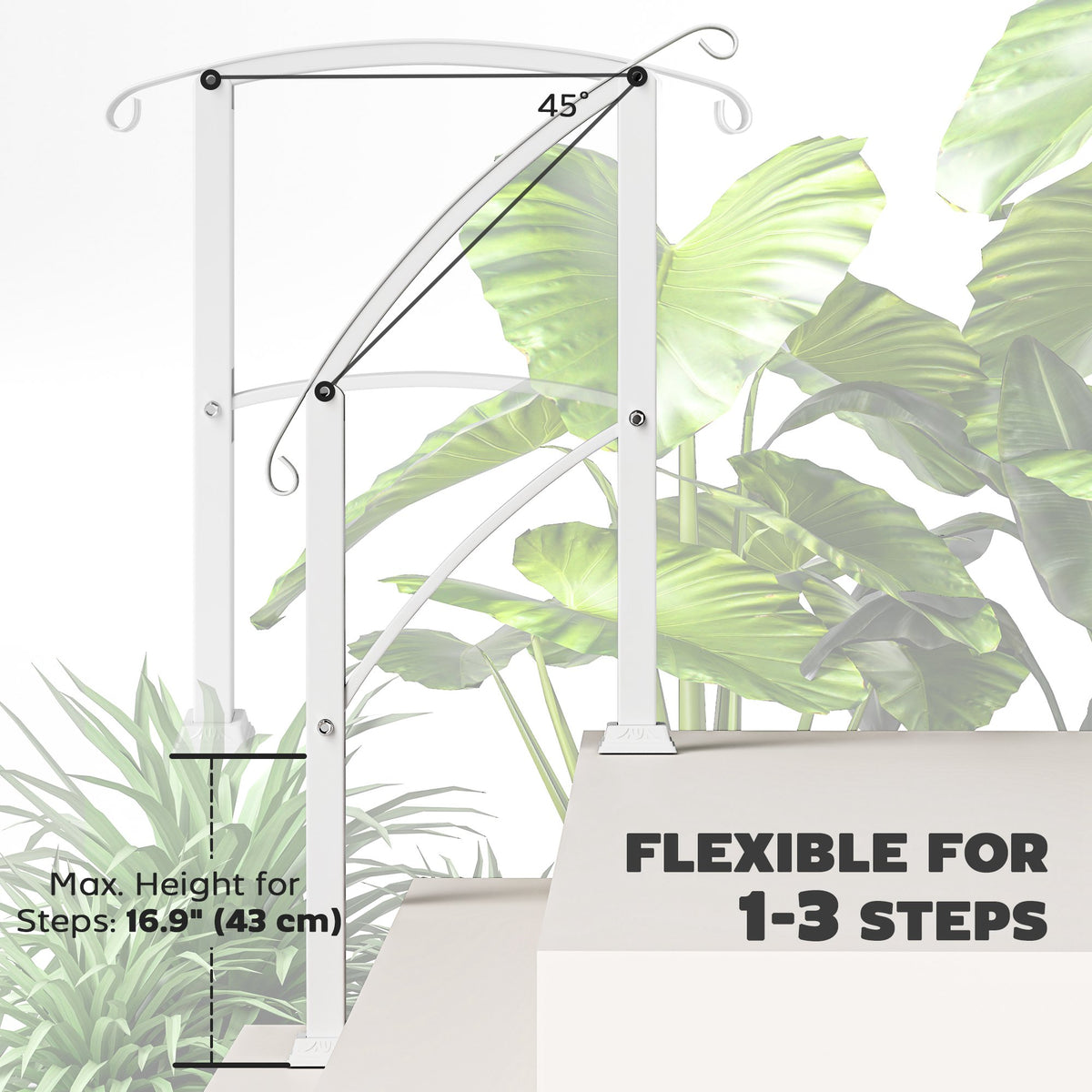 1-3 Step Handrails for Outdoor Steps, Porch Deck Railing, Metal Outdoor Stair Railing with Installation Kit, White