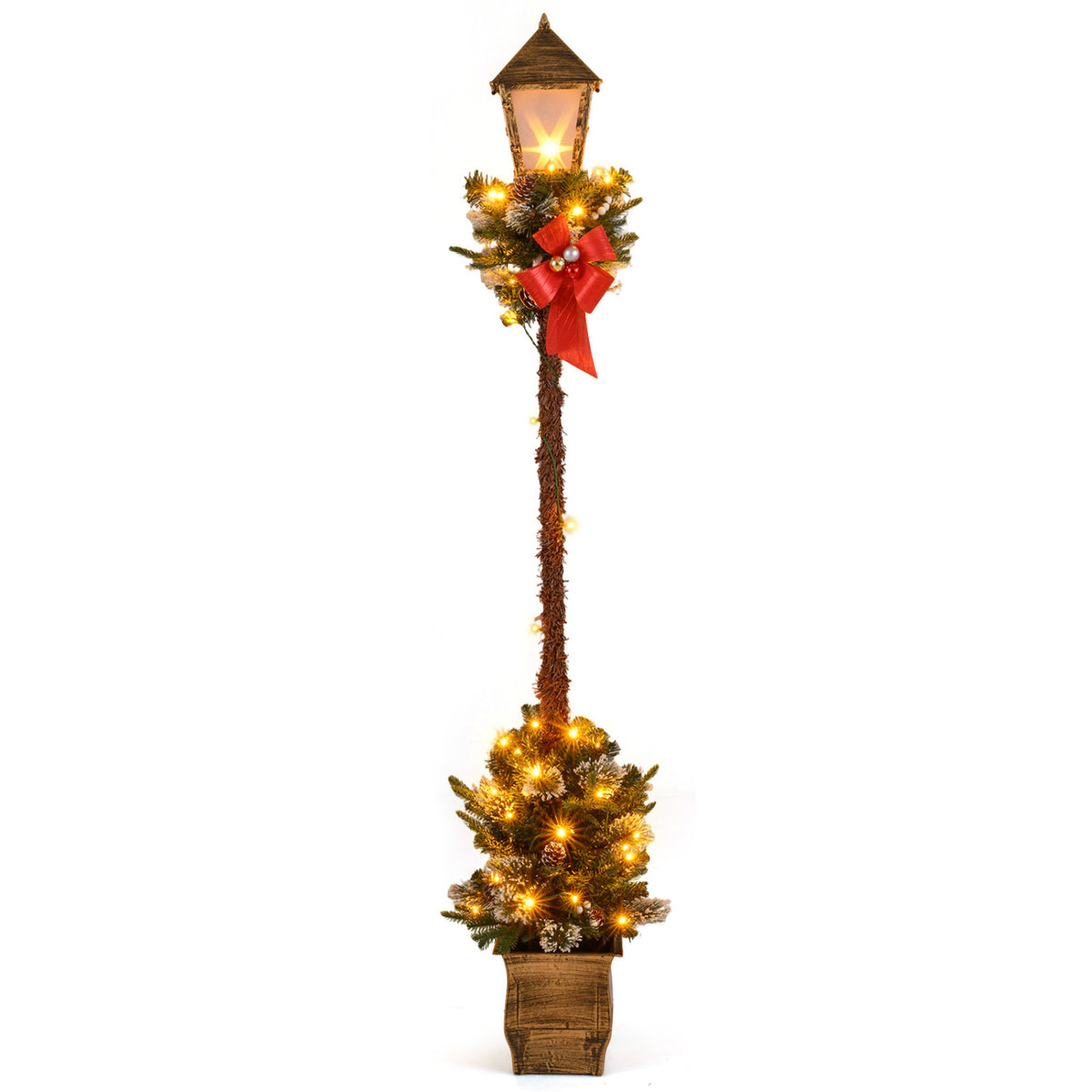 6.1 Feet Christmas Pre-lit Street Lamp with Artificial Greenery and Snow-flocked Branch Tips-Yellow