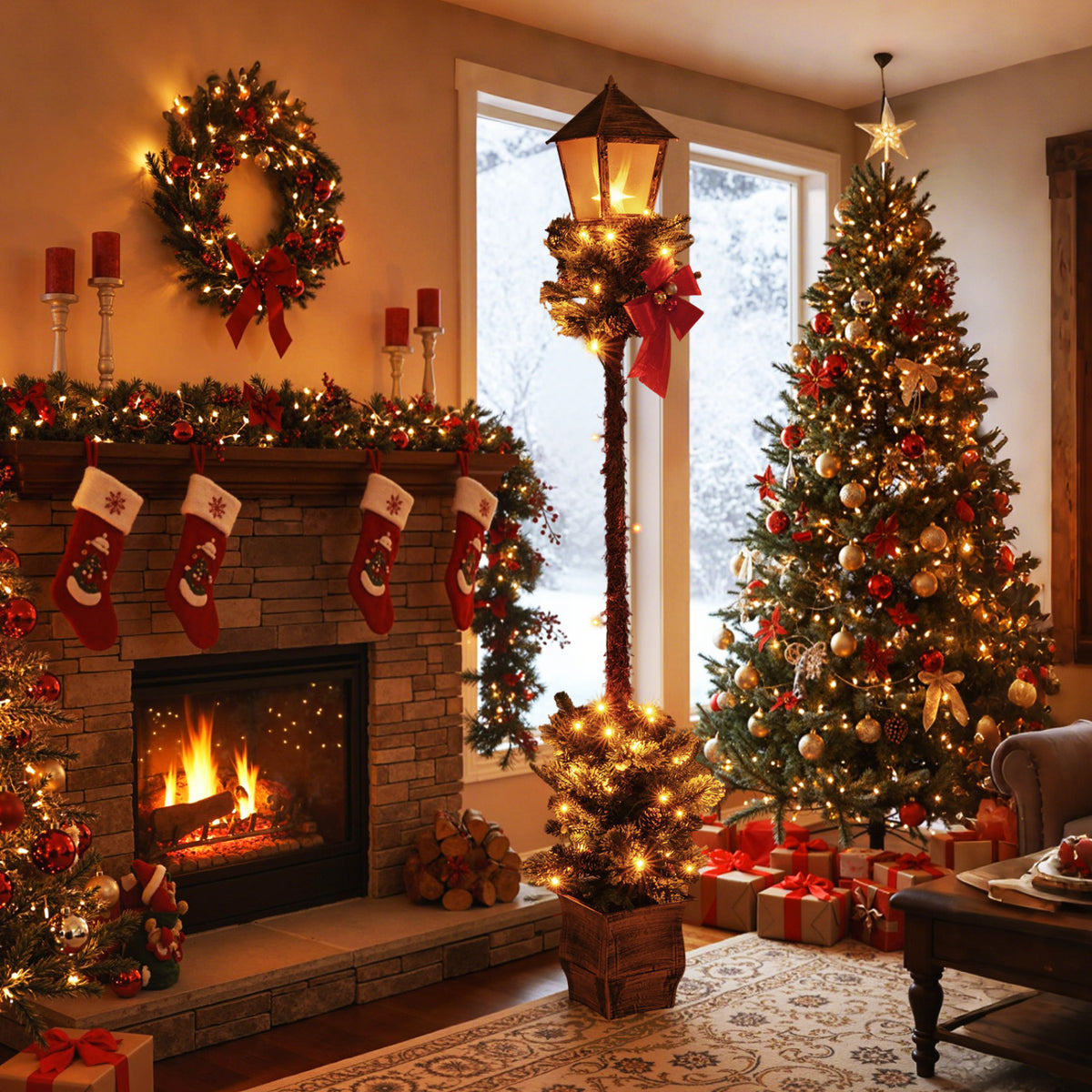 6.1 Feet Christmas Pre-lit Street Lamp with Artificial Greenery and Snow-flocked Branch Tips-Yellow view 2
