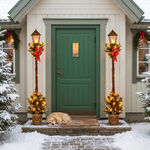 6.1 Feet Christmas Pre-lit Street Lamp with Artificial Greenery and Snow-flocked Branch Tips-Yellow view 3
