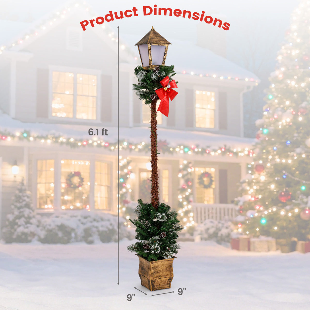 6.1 Feet Christmas Pre-lit Street Lamp with Artificial Greenery and Snow-flocked Branch Tips-Yellow view 5